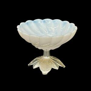 Vintage Translucent Swirl Milk Glass Compote Dish With Silver Metal Base